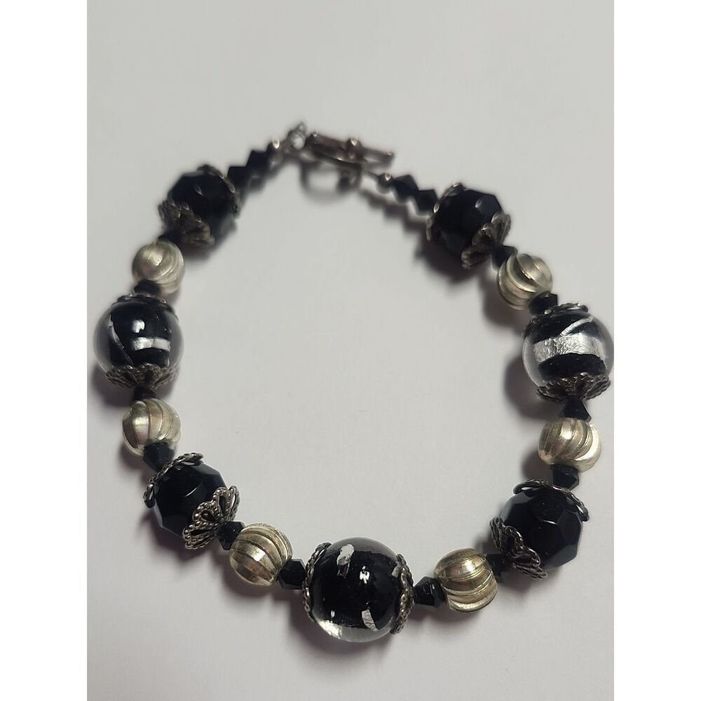 Black and Silver Beaded Bracelet - Elegant Women’s Jewelry Sterling Silver Clasp